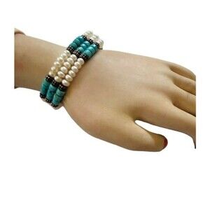 New Vintage Southwest Style Pearl And Turquoise Stretch Bracelet